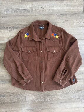 Toad&Co Brown Button-Up Jacket with Yellow and Blue Floral Embroidery